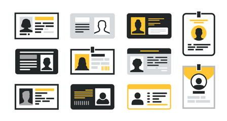 Set of id card icons. Official document templates, citizen identity card, driving license and entry pass. Personal verification. Design for print. Flat vector illustration isolated on background