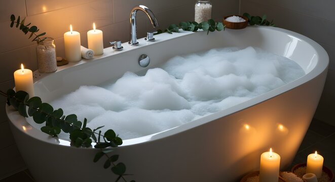 Relaxing bubble bath with candles at home