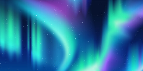 Northern lights. Landscape with starry night sky and bright glow of Aurora Borealis. Atmospheric phenomenon of north pole. Beautiful blue and purple lights. Realistic gradient vector illustration