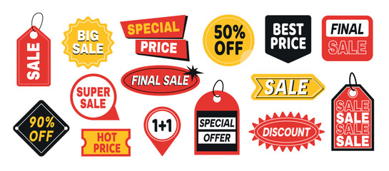 Sale Label Set. Advertising stickers or patches to promote big sale, discount, special offer and best price. Design Elements for Marketing. Flat vector illustration collection isolated on background