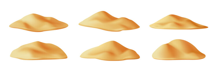 Set of sand piles. Icons with natural building material, beach sand or desert dunes. Design elements for posters, banners and prints. Realistic 3D vector illustration collection isolated on background