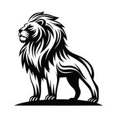 Striking Black and White Lion with Detailed Mane on White Background