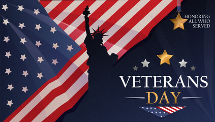 Veterans day banner. Background with silhouette of Statue of Liberty and United States flag. Design element for celebrating National holiday of USA. November 11. Flat vector illustration
