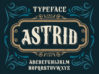 Craft vintage typeface design. Shabby retro font Astrid. Fantastic typography with latin alphabet in art deco style. Type for logo and design projects. Grunge vector collection of design elements