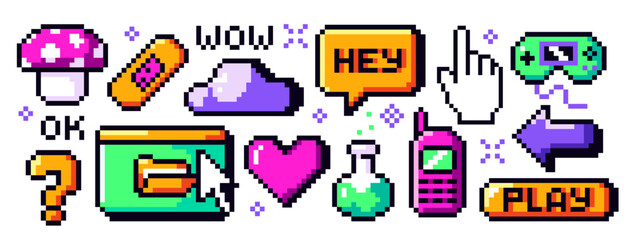 Set of y2k trendy pixel art. Cute 8 bit retro stickers and icons with mushroom, arrows, potion and heart. Abstract elements for game design. Flat vector illustration collection isolated on background