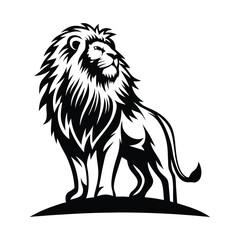 Lion Silhouette, Standing Proudly with a Dense Mane, Majestic Feline Black and White