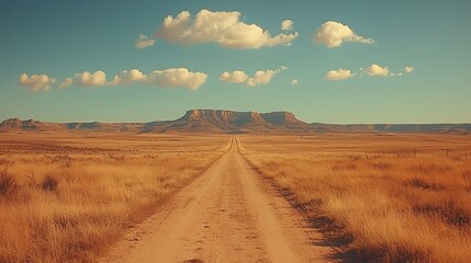 Long road disappearing into a vast, dry landscape under a partly cloudy sky