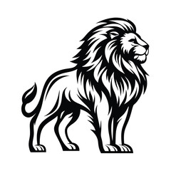Majestic Lion, Black And White Outline, Side View, Detailed Mane, Standing Isolated