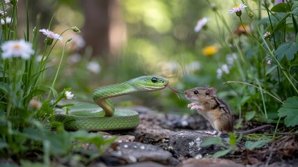 Fototapeta premium Green snake with raised head facing a small brown mouse in a grassy field with white flowers. The snake's tongue is sticking out
