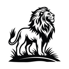 Majestic Lion Silhouette Standing Tall On Grassy Mound in Black and White Art Design