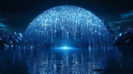 Glowing sphere over water futuristic landscape