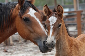 Fototapeta premium Affectionate Pair: Mother Horse Gently Nuzzling Her Foal's Head in Outdoor Setting, Both Exhibit White Markings
