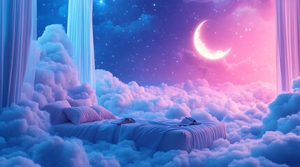 Elegant dreamy bedroom set in clouds with curtains framing moon. Serene sky scene with relaxing mood. Imaginative rest concept. National Dream Day