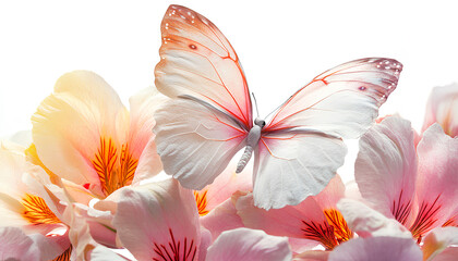 Beautiful rice paper butterfly sitting on freesia flower against white background