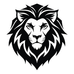 Lion Head Front View Illustration, Black and White Design, Monochrome, Animal Portrait