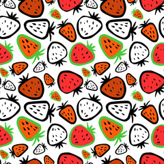 Juicy strawberries and watermelon in a cartoon style, large berries on a white background, a seamless pattern.