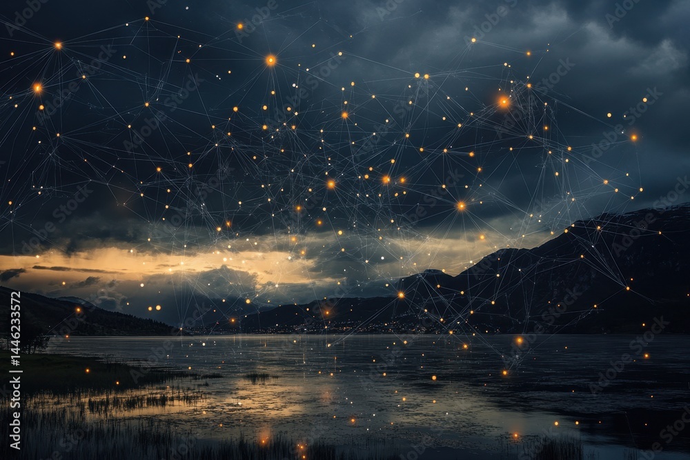 Poster network of connections illuminated over a stormy lake at dusk, network of connections with icons ove