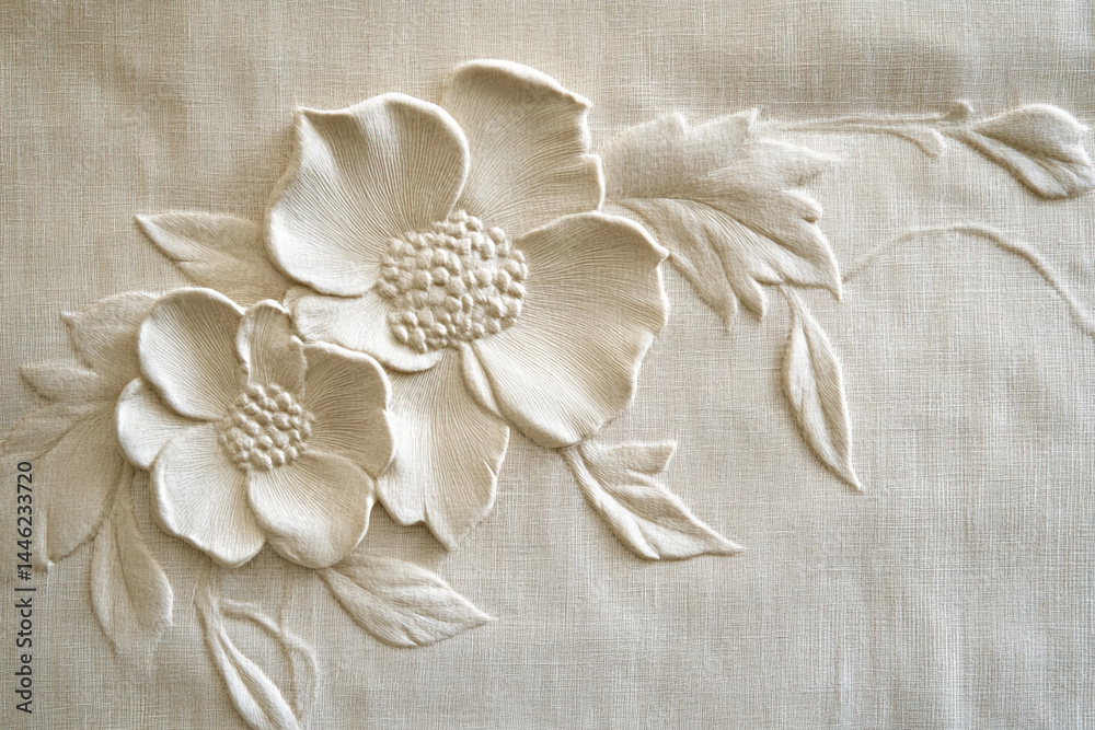 Poster beige textured fabric with embossed floral design two light beige flowers with leaves create an eleg