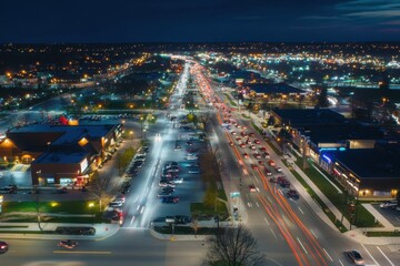 Obraz premium Nighttime hyperlapse of bustling city streets and illuminated shops from an aerial perspective, Aerial drone timelapse motion hyperlapse at night with cars and traffic