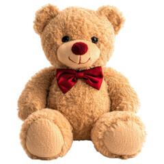 Obraz premium Cuddly Bear with Bowtie: A charming plush teddy bear with a friendly smile, a dapper red bowtie, and soft, inviting fur, perfect for comforting snuggles.