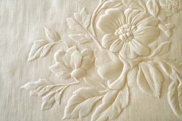 Cream-colored fabric with embossed floral embroidery, creating a textured, elegant surface, showcasing refined craftsmanship and classic design, ideal for luxury branding