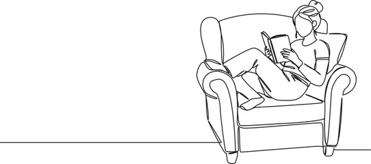 continuous line drawing of woman relaxing on armchair reading book, line art vector illustration