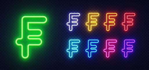 Franc currency sign in neon green with five smaller glowing versions in multicolor. Stylish layout with bright digital lighting on a dark backdrop.