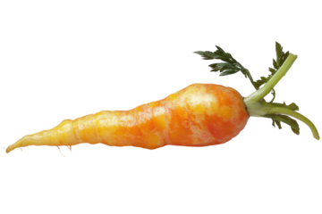 Tiny oddly shaped carrot with vibrant orange hues and fresh green top against a soft white