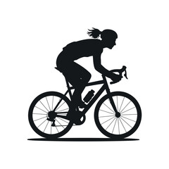 Obraz premium Silhouette of a woman riding a road bicycle in profile view, sporty female cyclist illustration on white background, vector bike rider design