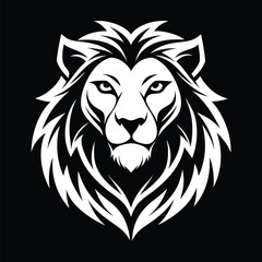Obraz premium Striking White Lion Head on Black, Minimalist Design, Fierce Gaze, Mane Detail, Contrast