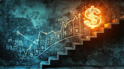 Financial growth depicted by a glowing dollar sign on stairs with financial graphs drawn on a textured wall