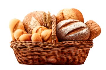 A wicker basket overflowing with freshly baked bread rolls and loaves warm and inviting aroma