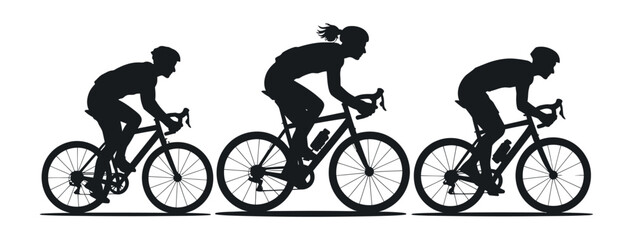 Fototapeta premium Silhouettes of female cyclists in motion, women riding bicycles in aerodynamic posture, sporty racing vector illustration