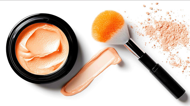 Flatlay composition of a beauty enthusiasts essentials peachtoned blushes soft matte lipsticks freshly scented body lotions fluffy powder puffs and shimmering face illuminators