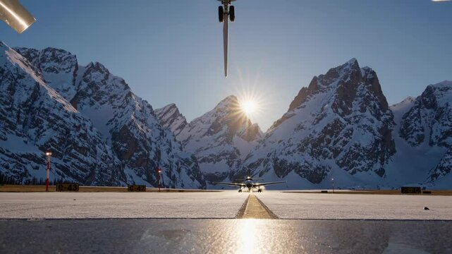 Majestic mountains provide a stunning backdrop as an airplane gracefully lands on a snow covered airstrip, the sun brilliantly illuminating the scene