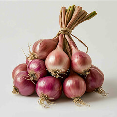 a photographic image of a bunch of spanish onions on a white backg