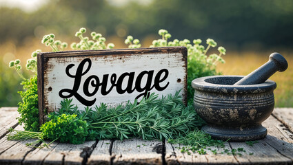 sign with   inscription lovage, fresh herbs on table, sunny day