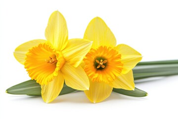 Two vibrant yellow daffodils blooming bright spring flowers fresh delicate petals isolated on white