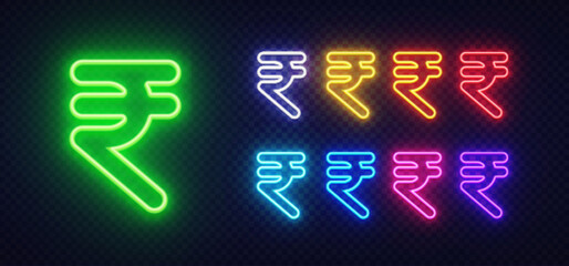Rupee symbol in neon style with central green figure and glowing colored rows. Surrounding hues include yellow, red, orange, purple, and more. © Ivan