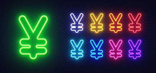 Neon yen icon with a bold central symbol and five smaller duplicates in glowing hues. The currency appears in yellow, orange, pink, and other vibrant tones.