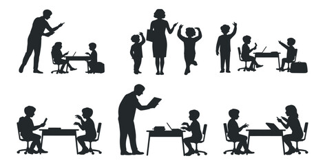 Silhouettes of teachers and students in classroom interaction, educational vector set of learning and teaching moments with children and adults