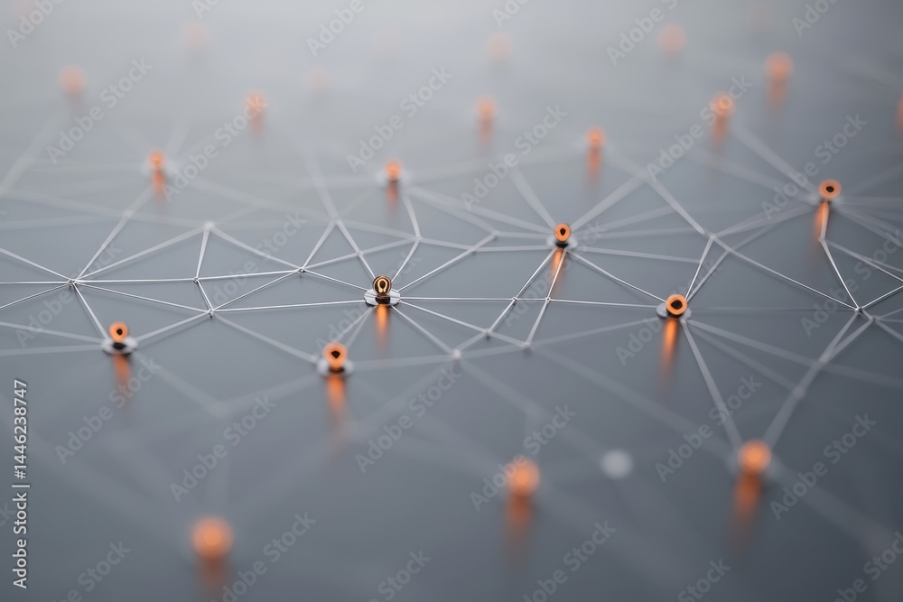Poster exploring connections within a network of icons on a gray background highlighting interactivity and 