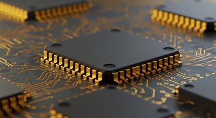 Microchips: Golden Contacts on Dark Circuit Board, Technological Elegance