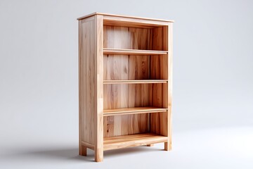 A wooden bookshelf with five shelves, isolated on a white background, representing furniture for home or office storage.