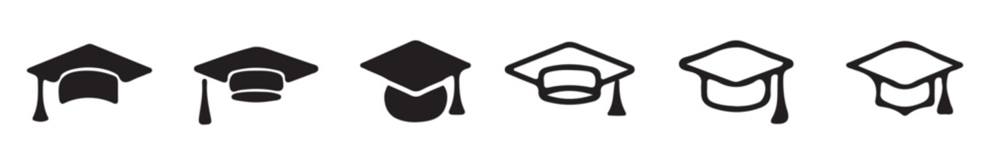 Graduation Cap Icons Set in Black and White