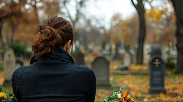 Woman contemplates at a cemetery during autumn season with a sense of loss with copy space for International Widows' Day