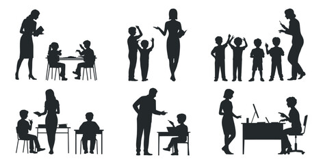 Set of teacher and student silhouette interactions, educational concept vector with children and adults in various learning scenes