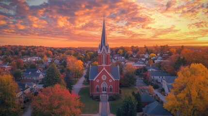 Fototapeta premium Autumnal church in small town at sunrise