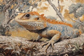 Fototapeta premium Portrait of a colorful agama lizard resting on a tree limb in the savannah habitat during daylight, Portrait of a lizard agama in the savannah