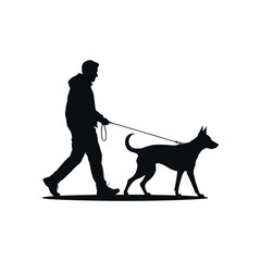 Silhouette of man walking German shepherd dog on leash, clean minimal vector pet walking illustration on white background
